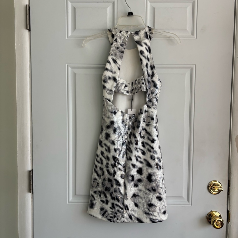 NWT Parker White and Black Leopard Sequin Halter Mini Dress, Size XS - Picture 8 of 15